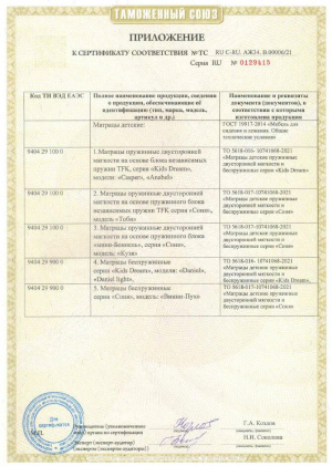Приложение к сертификату на детские матрасы
